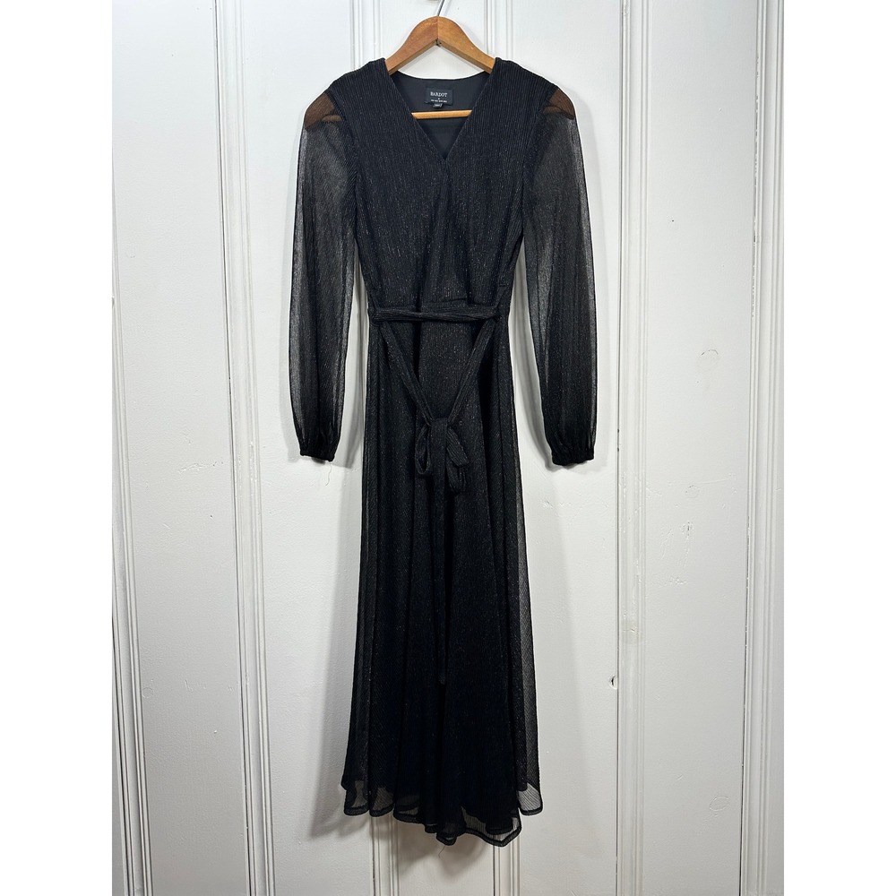 Bardot Dress Womens XS Black Excellent Metallic Pleated V-Neck Long Sleeve